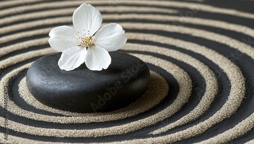 A single delicate white flower rests on a dark stone, centered in a circular design of light beige sand