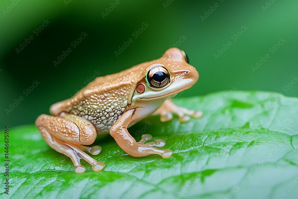 Obraz premium CloseUp Tan Frog on Green Leaf, Detailed Eye, Nature Amphibian Wildlife