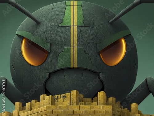 Humorous illustration of insatiable corporate greed devouring worker ants - corporation hunger enterprise