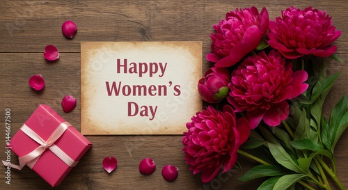 Crimson Peonies and Gift: A Rustic Women's Day Celebration