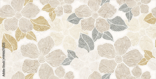 Bold and large neutral-toned floral illustration with overlapping petal and leaf textures forming a dense garden.