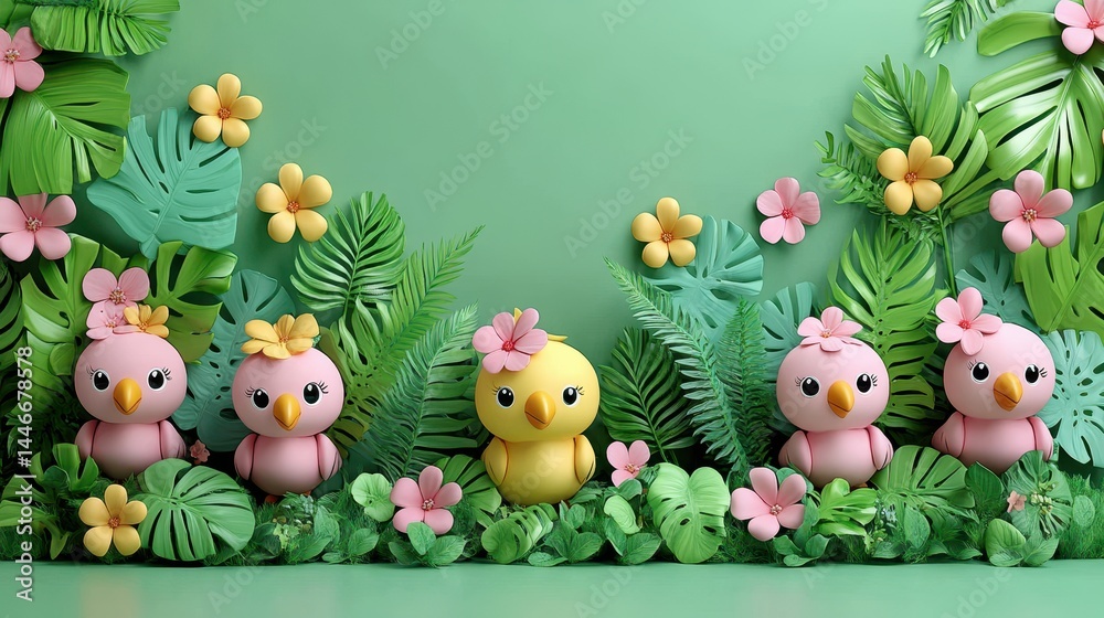Fototapeta premium Enchanting springtime scene featuring adorable chick figurines nestled amidst lush botanical elements and delicate flowers creating a whimsical and joyful atmosphere