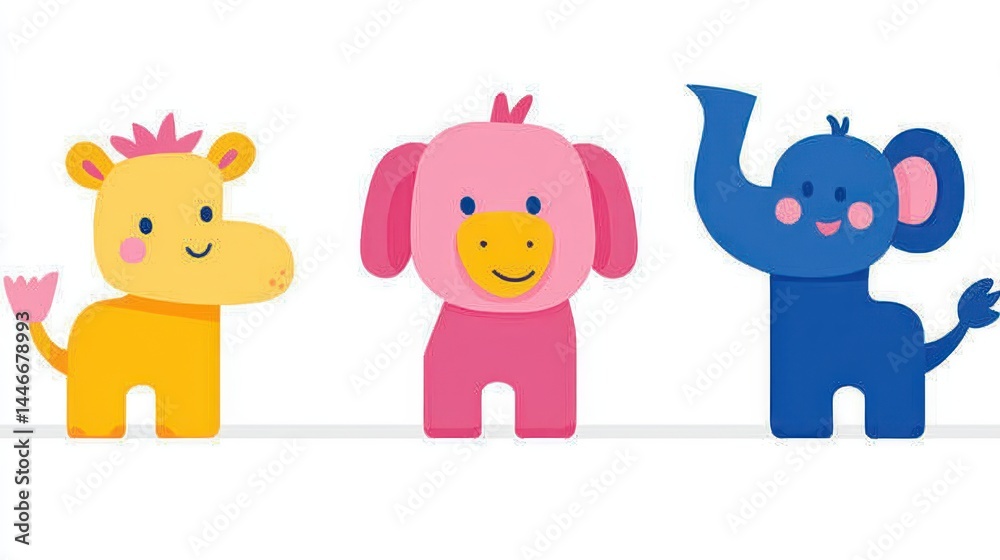 Naklejka premium Charming animal companions illustration features endearing giraffe pig and elephant characters designed with simplistic modern shapes perfect for various creative endeavors