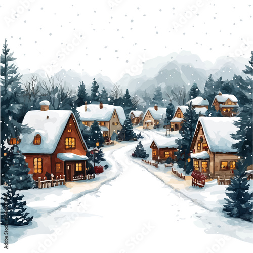 illustration of Snowy Village During Christmas Time, watercolor vector, isolated on a white background.