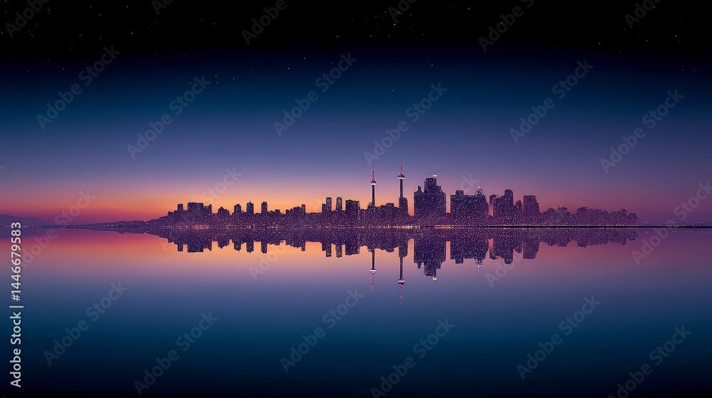 Fototapeta premium Serene Cityscape Night Skyline Reflection Urban Panorama Twilight City