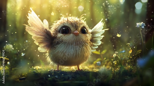 22. Cuddly, pudgy creature with stubby wings, bouncing around a magical forest floor