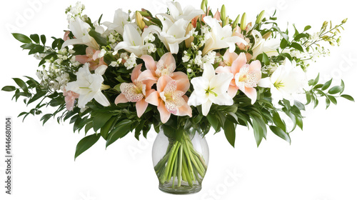 Large floral arrangement of white and peach lilies in a clear glass vase, featuring a mix of blossoms and greenery.