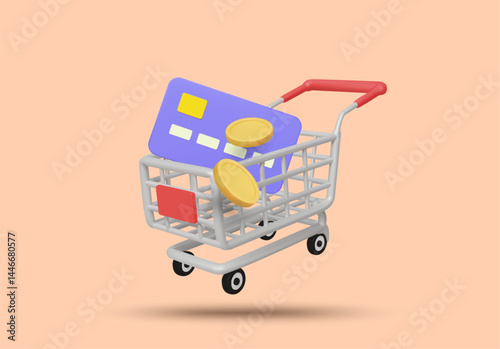 3D illustration vector render of shopping cart icon, credit card and coin. Concept of e-commerce, online shopping, payment method, financial transaction, digital wallet. Storefront, online.