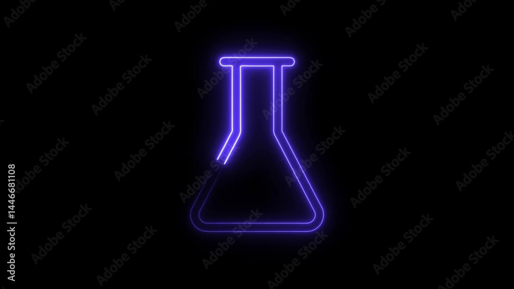 Neon purple glowing flask design on black background for science and technology concepts Neon purple glowing flask design on black background for science and technology concepts