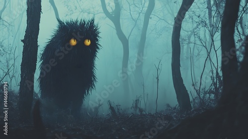 51. Furry forest creature with huge eyes, curiously observing its surroundings in a foggy forest