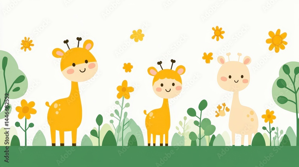 Fototapeta premium Whimsical Giraffe Family in Pixel Art Style with Floral Accents and Greenery for Nursery Decor and Children's Illustrations or Backgrounds