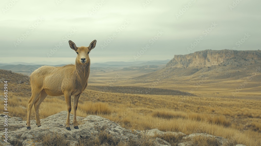 Muledeer in the grassland wild field observes the surroundings with the hills on the background beneath a sky covered in cloud and fog environment Muledeer in the grassland wild field observes the surroundings with the hills on the background beneath a sky covered in cloud and fog environment