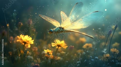 74. Dragonfly-like creature with elongated wings and a soft glow, hovering over a flower field