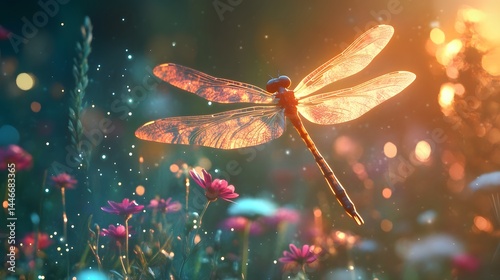 74. Dragonfly-like creature with elongated wings and a soft glow, hovering over a flower field