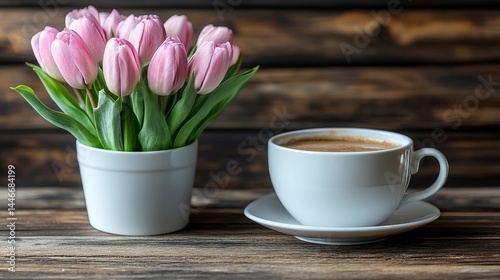 Wallpaper Mural A bouquet of pink tulips beside a cup of coffee. Torontodigital.ca