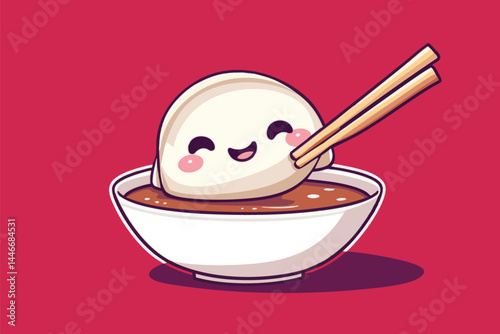 Cute cartoon dumplings in red bowl with happy faces and chopsticks on red background