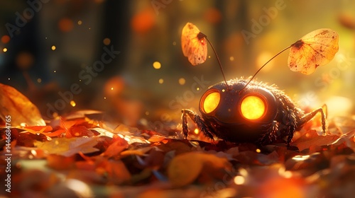 98. Soft, glowing creature with antennae, curiously exploring a pile of autumn leaves