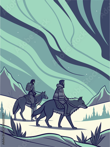 Northern Lights Adventure Riders on Wolves Under the Aurora Borealis