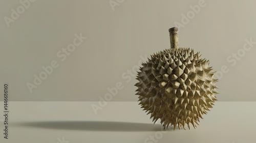 A whole durian fruit placed in isolation on a clean white background, clearly showing the unique appearance and texture of this tropical fruit. The spiky outer shell of the durian is prominent,