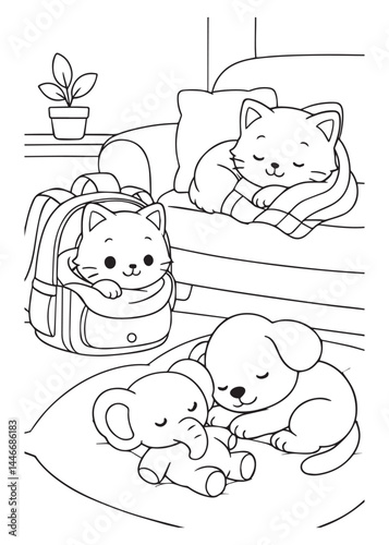 Coloring book kitten peeking from a backpack, another napping on a couch, and a puppy sleeping with a toy elephant