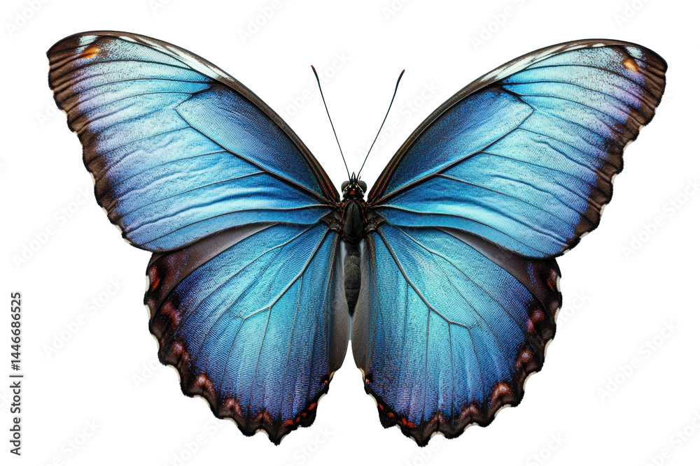 Obraz premium Close-up, vivid image of a butterfly's wings, exhibiting intricate patterns and vibrant blue hues against a dark backdrop.
