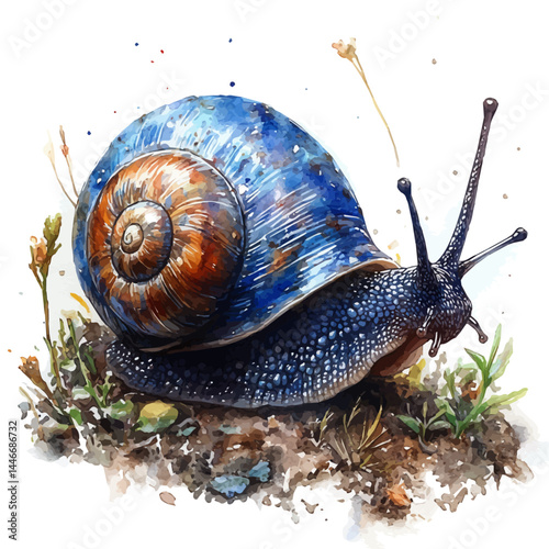 Snail Crawling Slowly, watercolor vector, isolated on a white background.