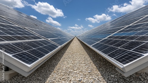 Green field, bright blue sky, rows of ecological solar panels, clean energy solution - farm production photovoltaic