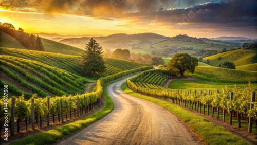 Wallpaper Mural A serene curved pathway leads to a picturesque vineyard vista Torontodigital.ca