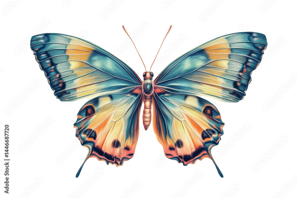 Fototapeta premium Digitally rendered, colorful butterfly graphic displays detailed wings with a variety of shades of blue, orange, yellow, and gold, creating a striking aesthetic.