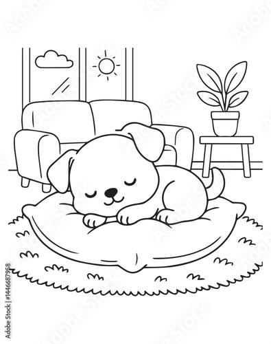 Coloring book puppy sleeps soundly on a comfy cushion in a cozy living room. 