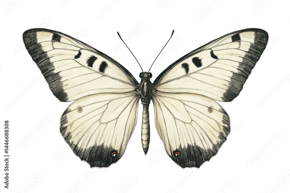 Obraz premium Close-up artistic rendering of a butterfly with intricate wings, showcasing a contrasting black and white pattern.