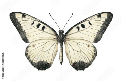 Close-up artistic rendering of a butterfly with intricate wings, showcasing a contrasting black and white pattern.