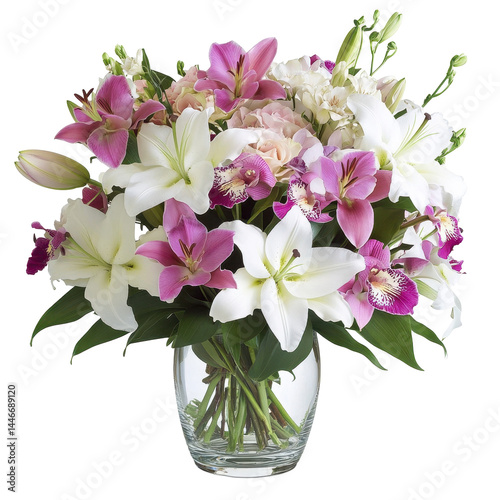 Beautiful bouquet of lilies, orchids, and roses in a clear glass vase. The colors are soft pinks and whites.