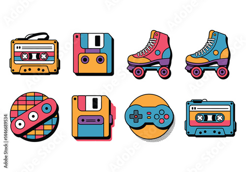 Colorful retro 80s and 90s icons set cassette tape, floppy disk, roller skates, gamepad