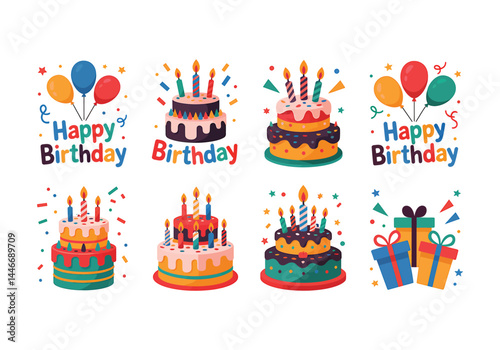 Colorful birthday vector set cakes, balloons, candles, confetti, and festive gift illustrations
