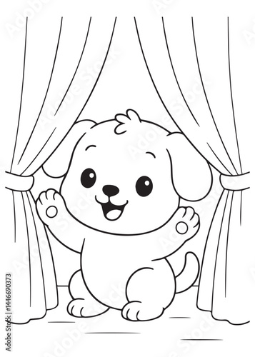Coloring book  puppy peeks out from behind a set of elegant curtains with a happy grin