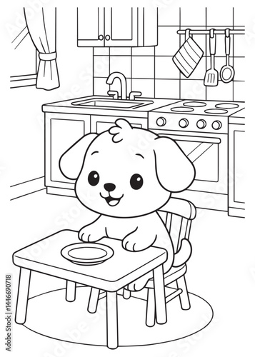 Coloring book puppy sits patiently at a small table in the kitchen, waiting for a treat