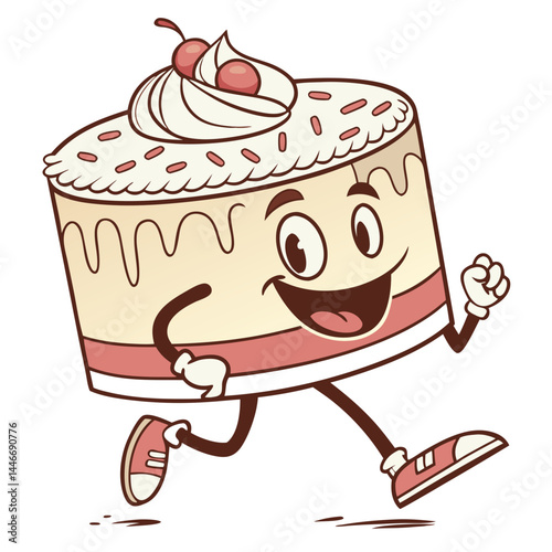 Cartoon Running Cake Character with Fun Expression Representing Sweet Treats and Desserts
