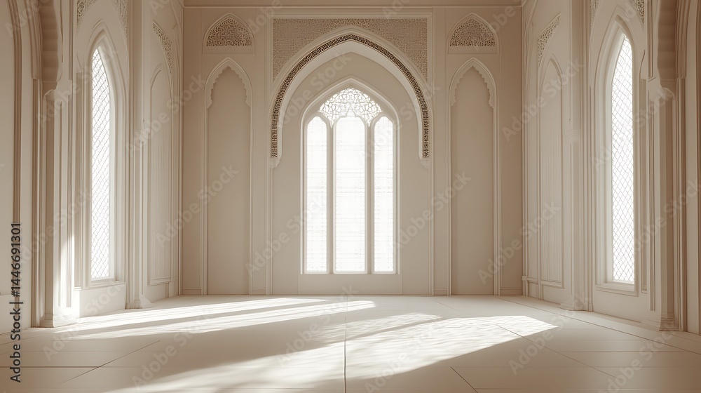 Empty Beige Hallway, Gothic Windows Empty Beige Hallway, Gothic Windows