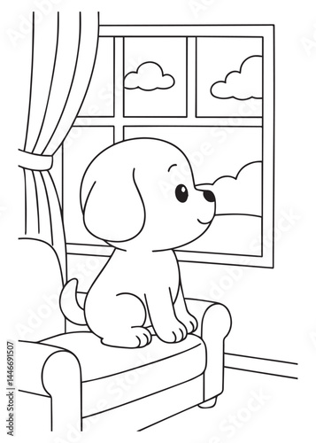 Coloring book puppy gazes out the window at fluffy clouds from a cozy armchair.