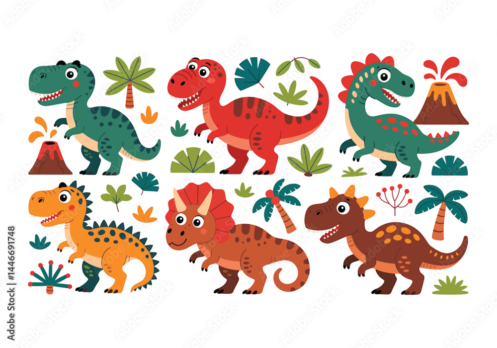 Naklejka premium Cute cartoon dinosaur vector set colorful prehistoric reptiles with volcanoes, trees, and plants