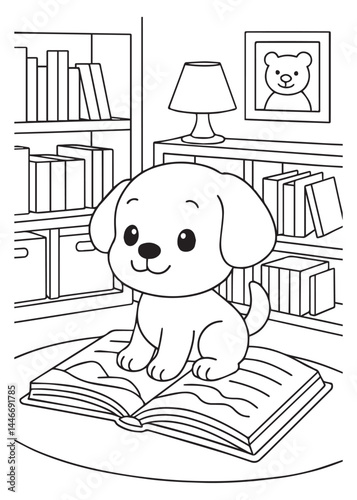 Coloring book puppy with big eyes sits on an open book in a cozy room with bookshelves