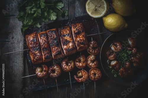 Wallpaper Mural Grilled salmon and shrimp skewers, seasoned and ready to eat, served on a dark wooden surface with lemon slices and cilantro Torontodigital.ca