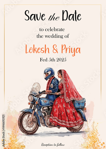 Beautiful indian wedding invites with couples on Bikes 