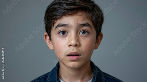 Portrait of a young boy with a look of surprise on his face, captured in a studio setting.