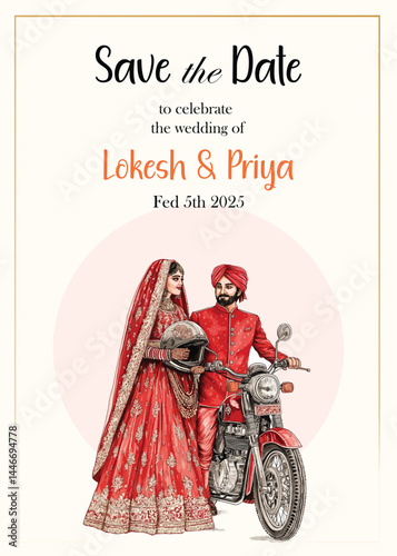 Beautiful indian wedding invites with couples on Bikes 
