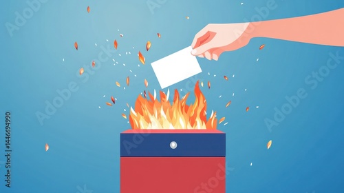 Ballot burning in a fiery box. A hand drops a blank ballot into a burning box, sending sparks outward
