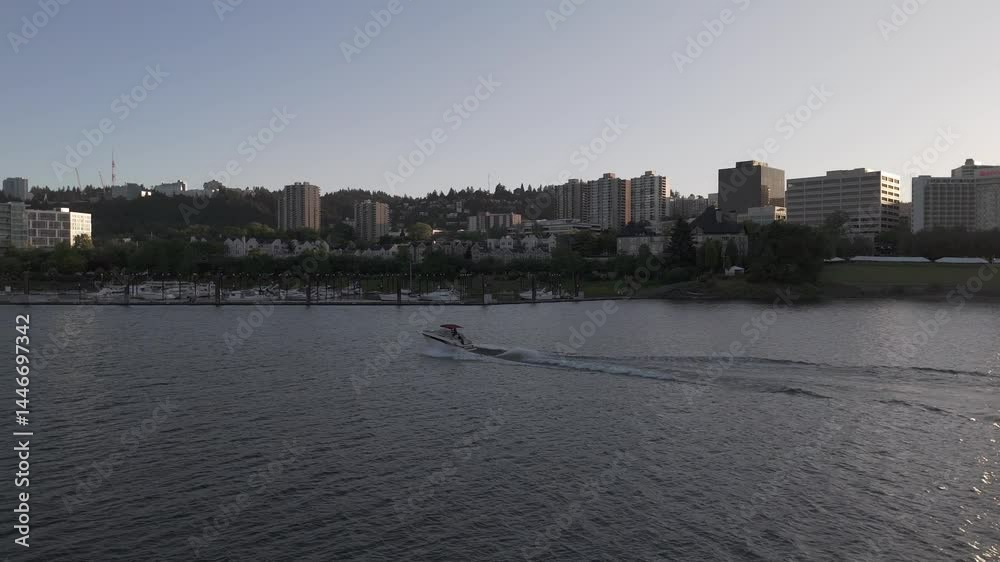 Pan with speedboat on the Willamette river in downtown Portland to reveal the Markham Bridge Pan with speedboat on the Willamette river in downtown Portland to reveal the Markham Bridge