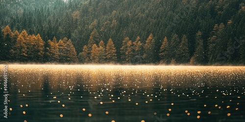 Fototapeta Naklejka Na Ścianę i Meble -  Serene lake reflecting golden sunlight through trees