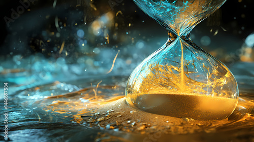 A detailed view of a fractured hourglass capturing the torment of time dragging on, with sand grains frozen mid-fall. time fractures. illustration. [Frozen Time] | Clock Halo | time glow. Illustration